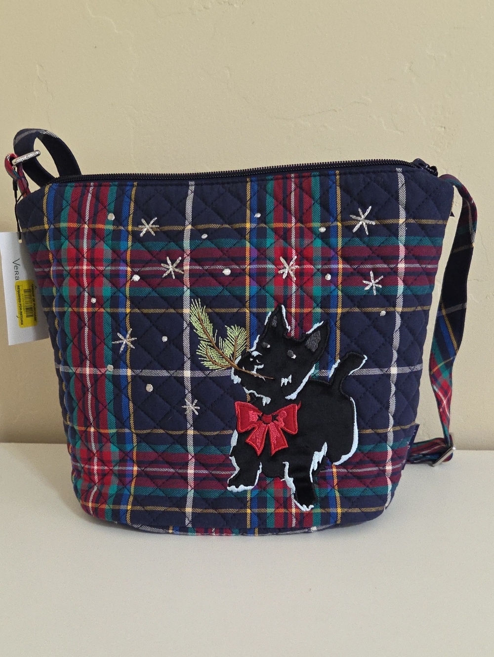NWT. Vera Bradley Quilted Plaid Crossbody Bag with Scottie Dog Accent - Navy/Red